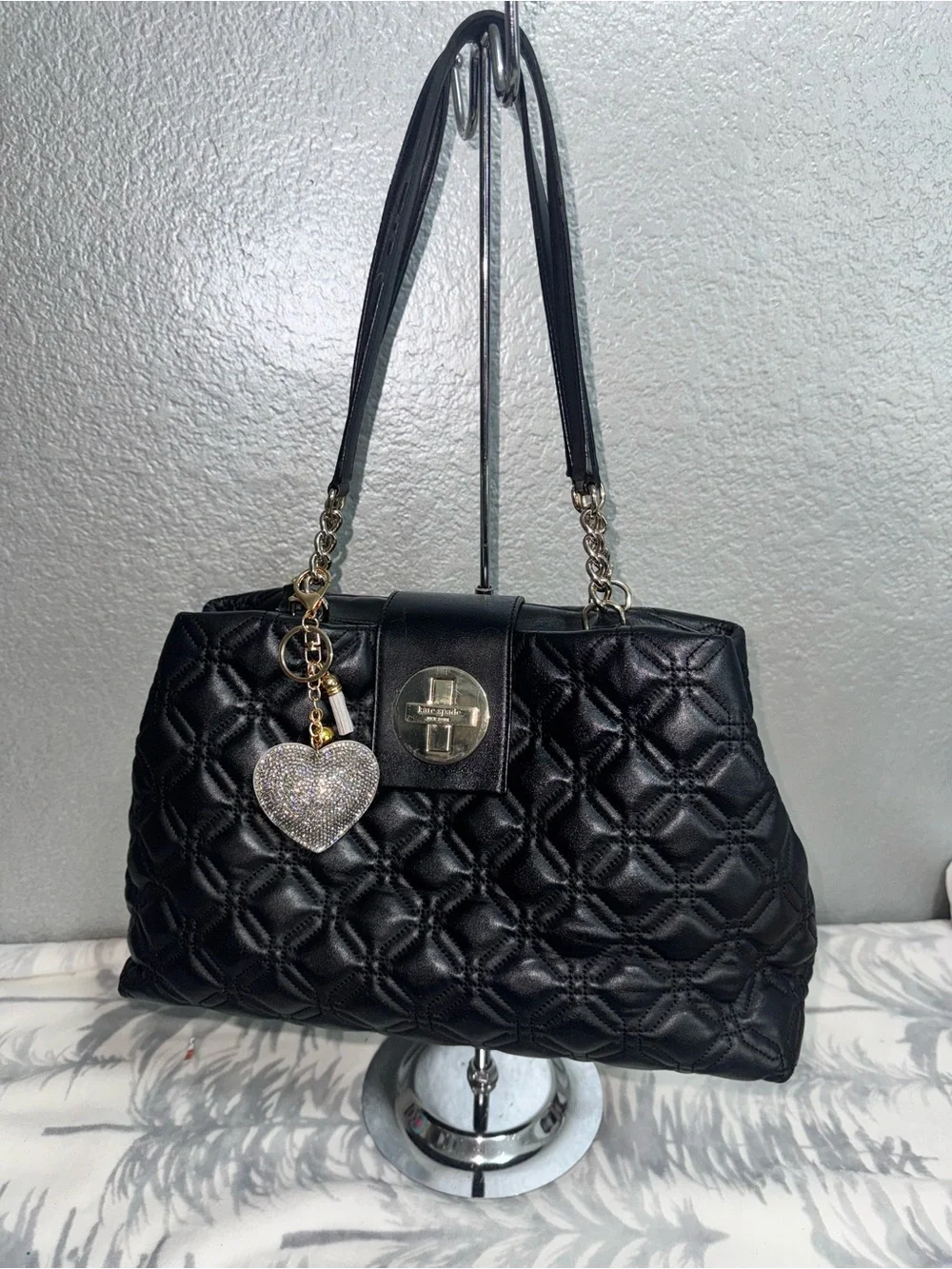 kate spade Black Quilted Shoulder Bag with Gold Hardware and Heart Charm